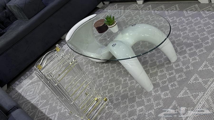 Sofa, chaise lounge, glass table, and acrylic service tables, all new64577894137858110