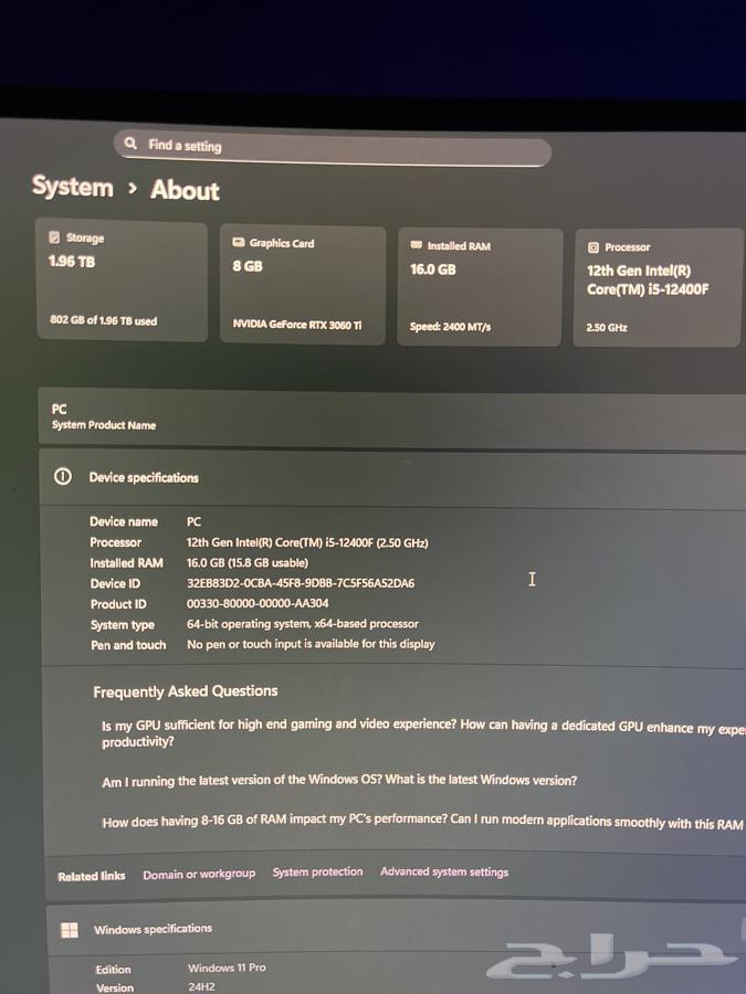 بي سي 3060ti 8GB المعالج i5 الجيب 12 16 رام تخزين تيرا64586774967169110