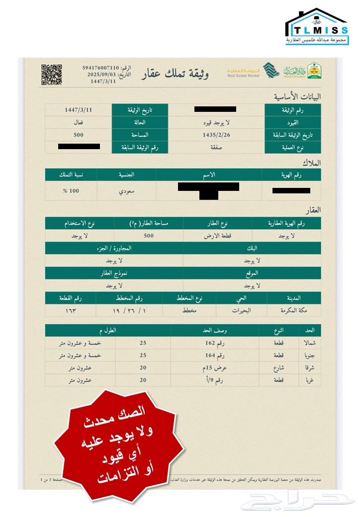 ارض للبيع في مكة المكرمة حي البحيرات داخل حد الحرم64145847943169113
