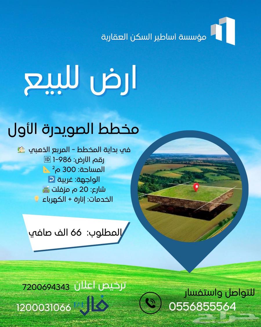 أرض للبيع مخطط الصويدرة الاول شارع 20م ب 66 الف64147066317954110