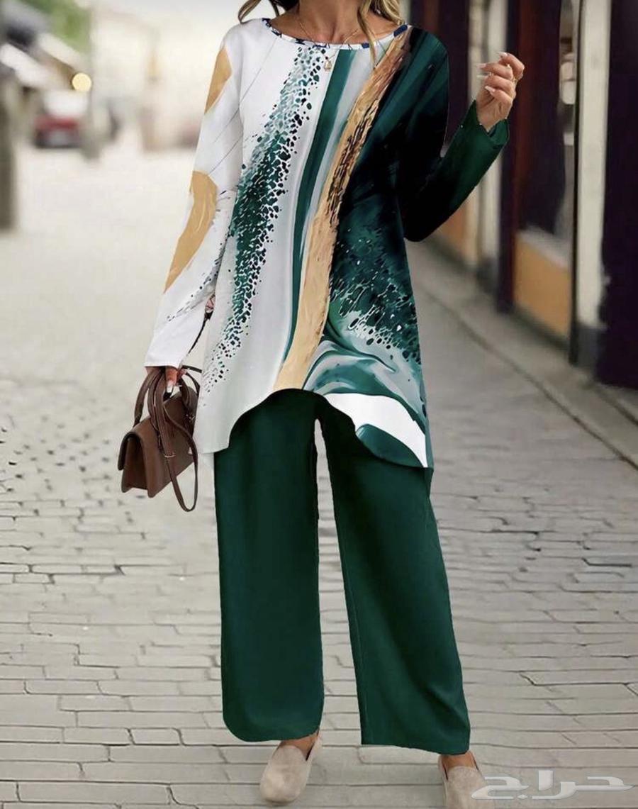 طقم نسائي أنيق مكون من بلوزة طويلة وبنطال واسع64614023728514110
