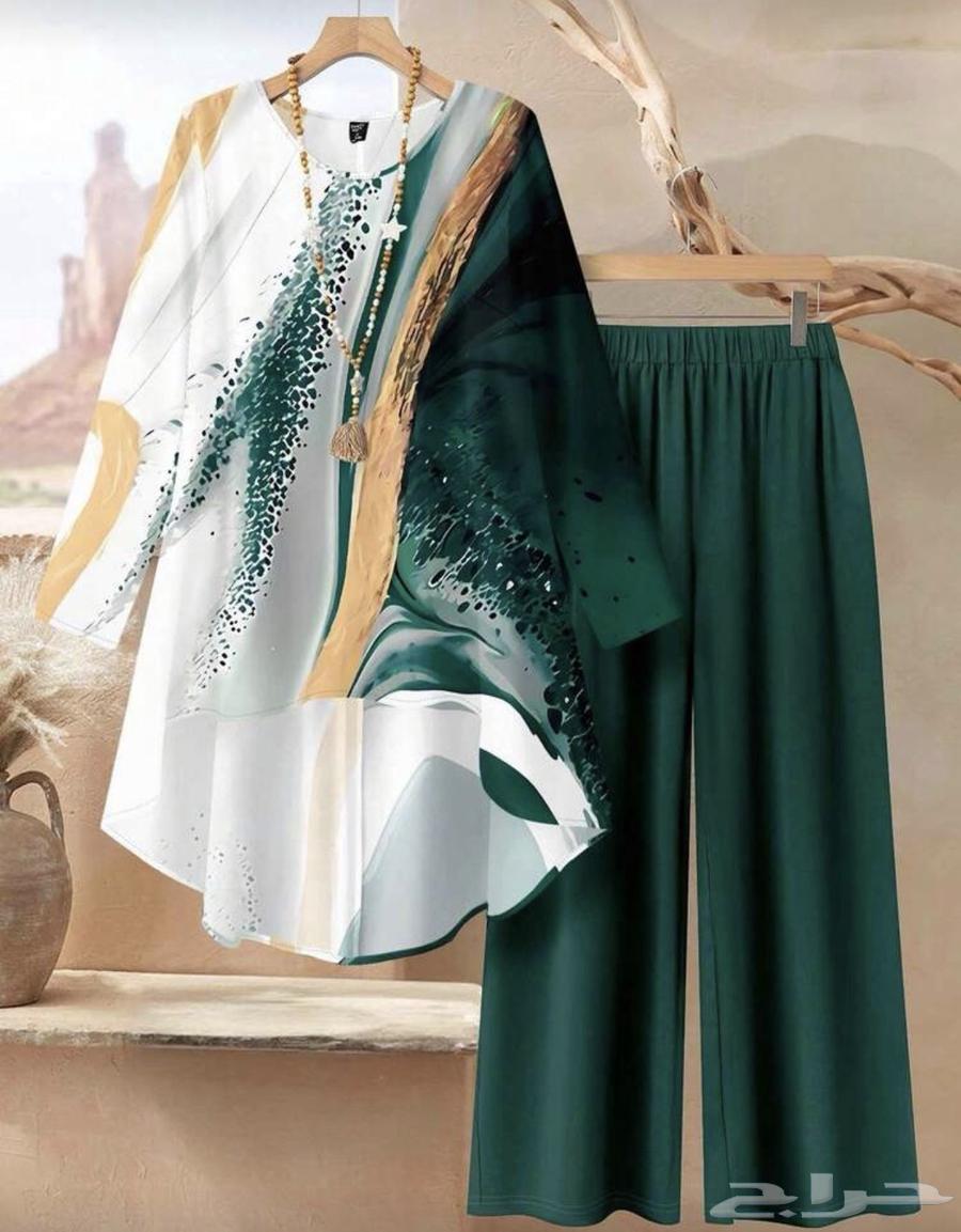 طقم نسائي أنيق مكون من بلوزة طويلة وبنطال واسع64614023728514111