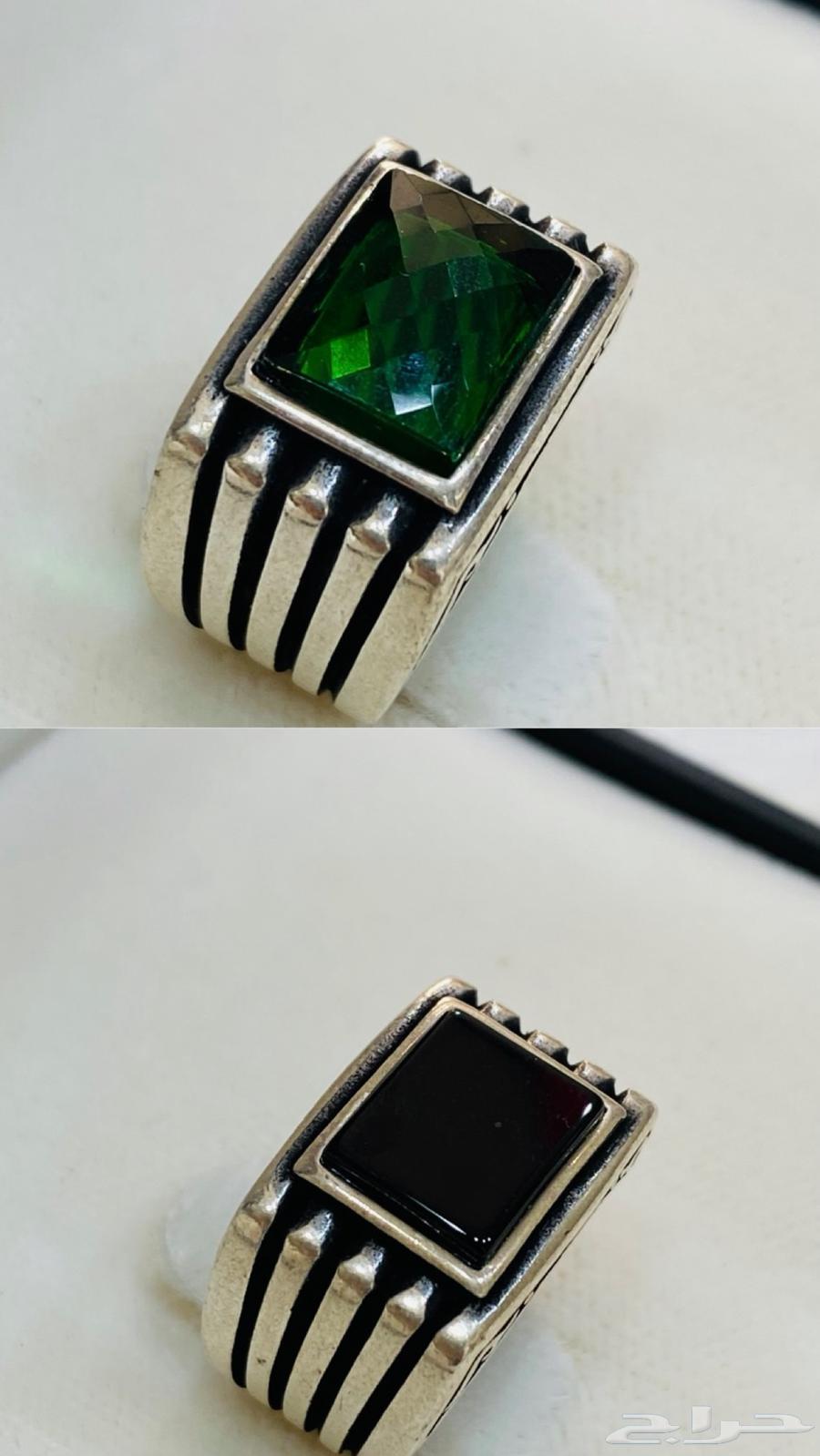 خاتم فضه ملكي مربع عيار 925 بفص اسود وفص اخضر64618115522562111