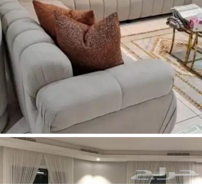 Detail all types of sofas and seating arrangements, cushions, and curtains according to64563313914499114