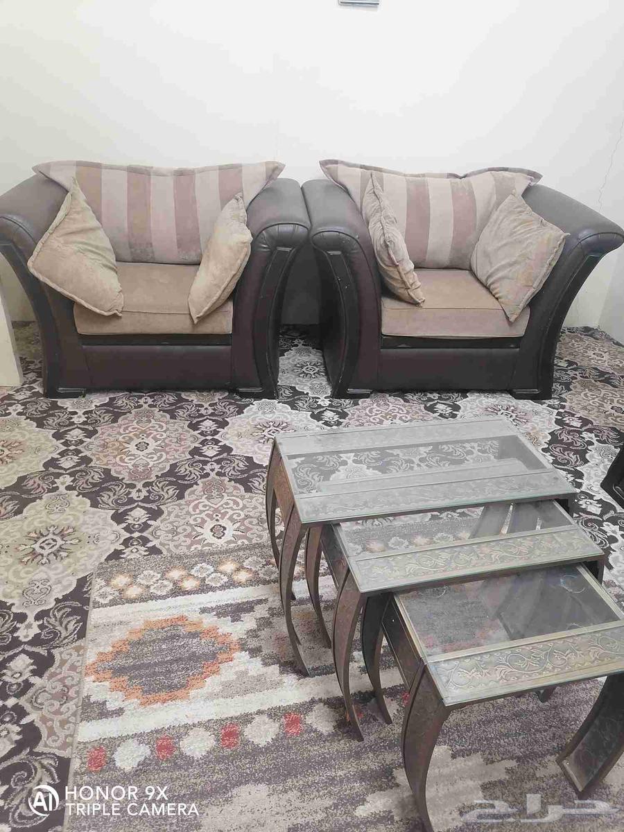 كنب مجلس جلد وخشب أصلي 6 قطع وطقم طاولات64244076665345113