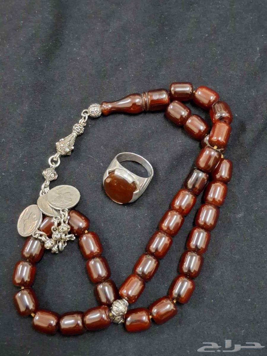 خاتم عقيق فضة وسبحة بفوتران تركي64490890215427111