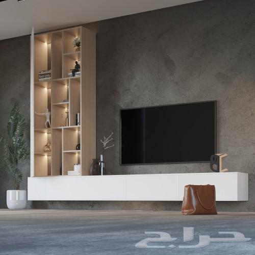 طاولة تلفزيون معلقة او ع الارض مع اضاءة ابيض مع بيج 1295ريال64489128656643112