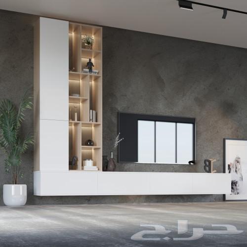 طاولة تلفزيون معلقة او ع الارض مع اضاءة ابيض مع بيج 1295ريال64489128656643111