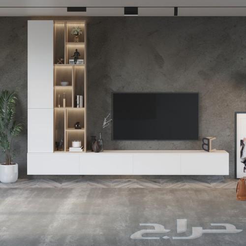 طاولة تلفزيون معلقة او ع الارض مع اضاءة ابيض مع بيج 1295ريال64489128656643110