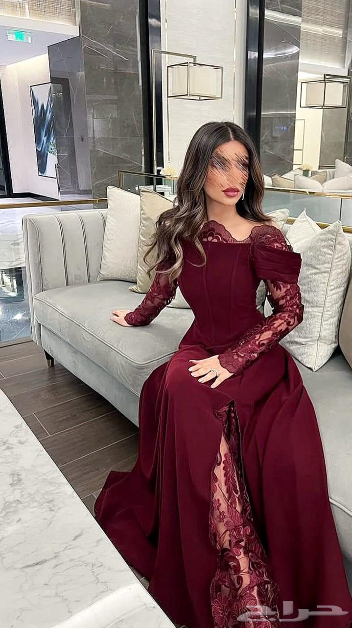 فستان سهره طويل عنابي باكمام دانتيل شفافه64410595123714112