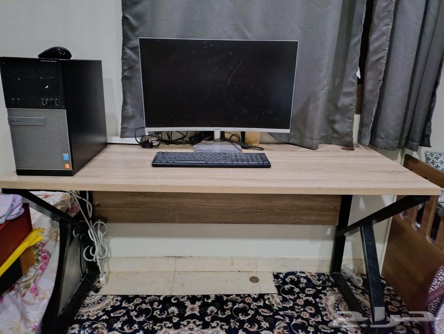 Office desk, computer, and baby stroller64419878802050110